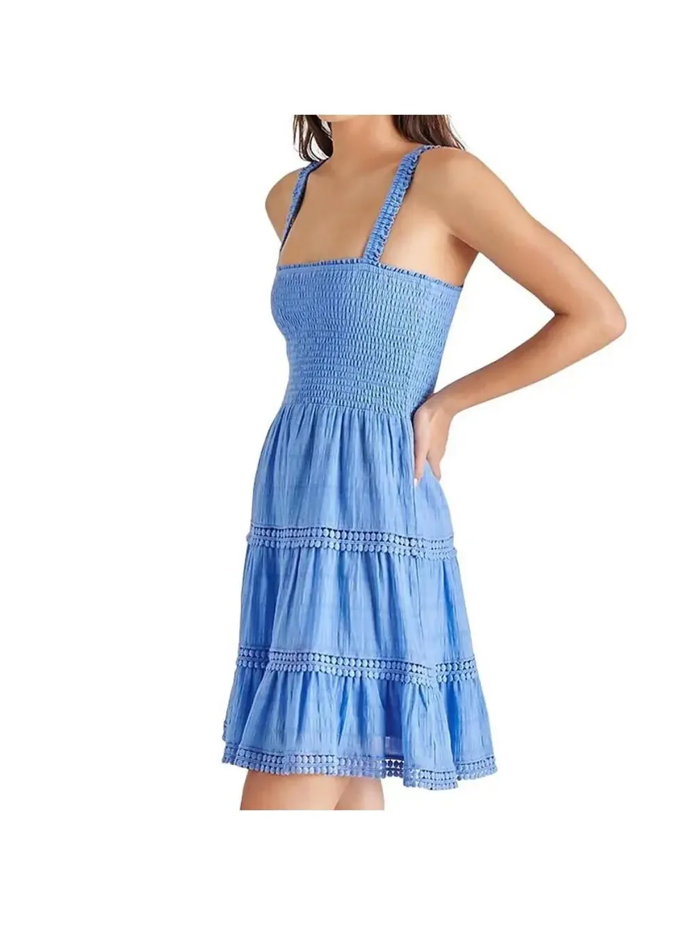 Steve Madden Kahina Smocked Tiered Cotton Sundress NWT Azure Blue Large